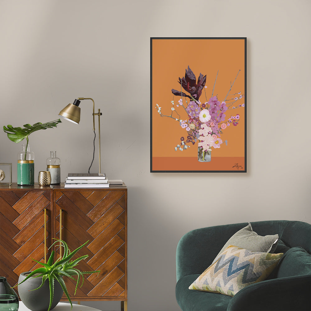 PINKS & PLUM ON ORANGE- Large A1 - 594mm x 841mm Canvas framed Print (Image shown)