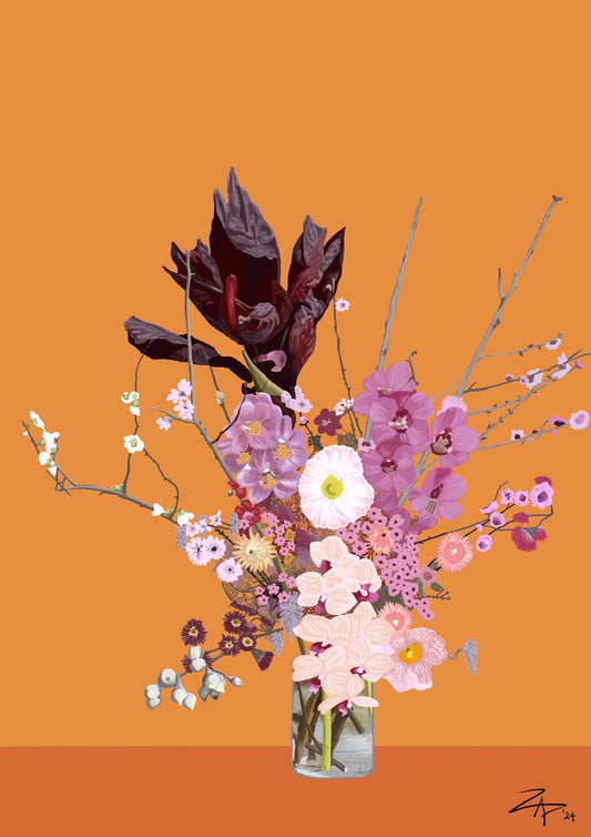 PINKS & PLUM ON ORANGE- Large A1 - 594mm x 841mm Canvas framed Print (Image shown)