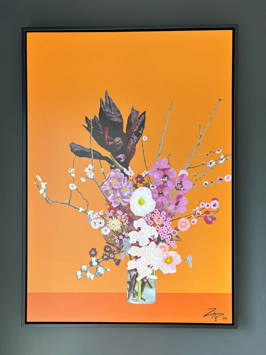PINKS & PLUM ON ORANGE- Large A1 - 594mm x 841mm Canvas framed Print (Image shown)