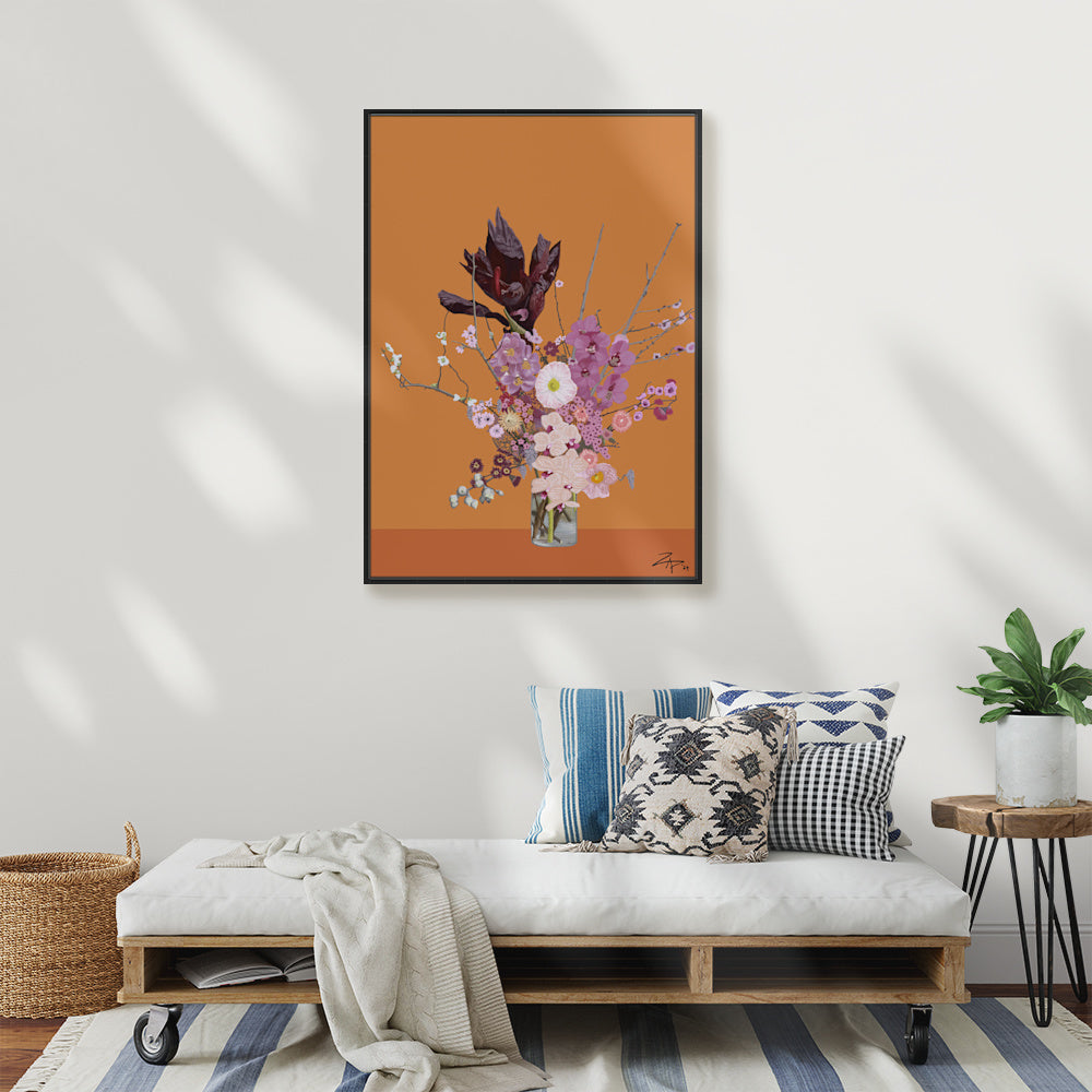 PINKS & PLUM ON ORANGE- Large A1 - 594mm x 841mm Canvas framed Print (Image shown)